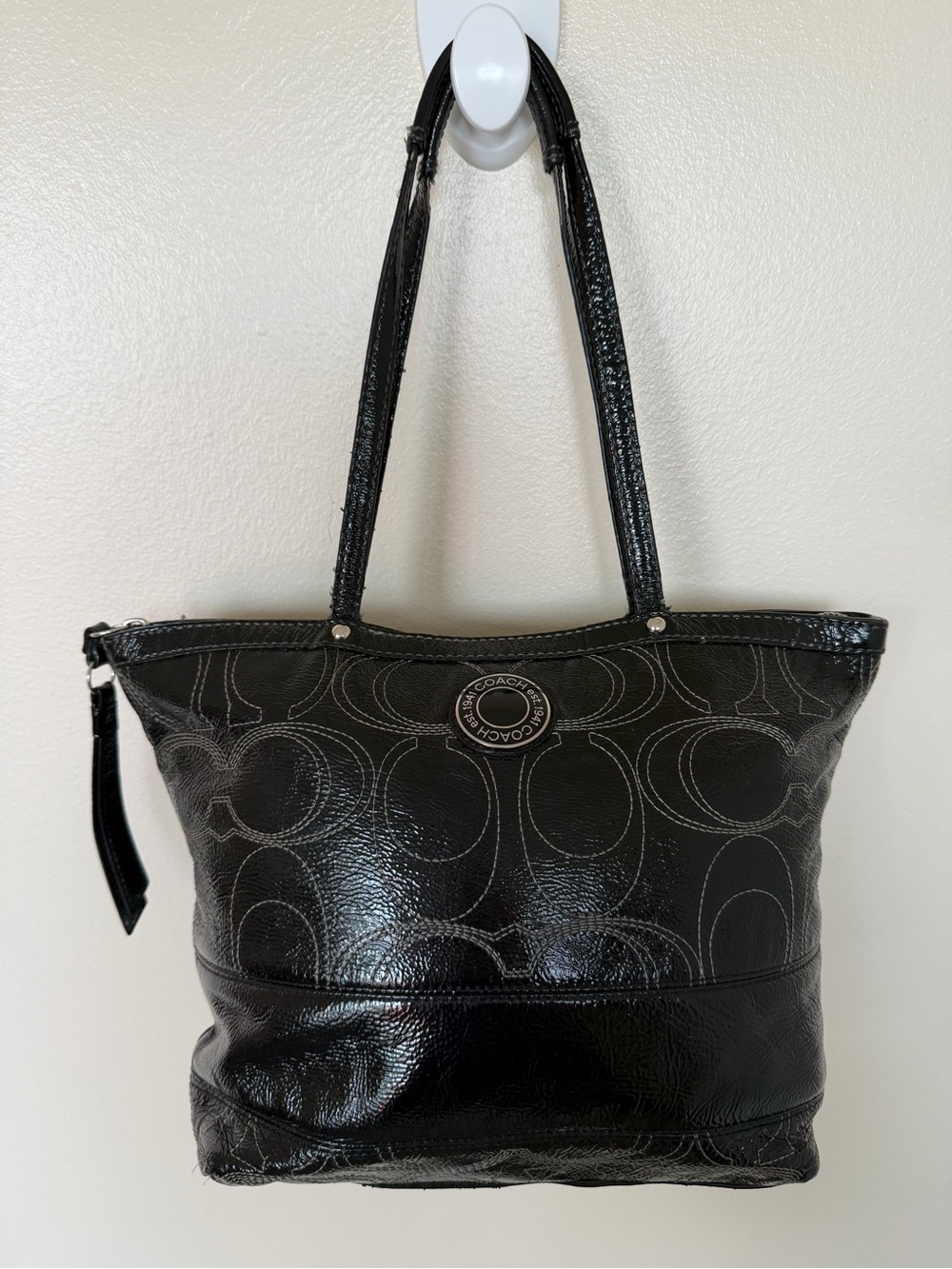 COACH F19198 Signature Sis Stitch Black Patent Leather Medium Tote Shoulder Bag